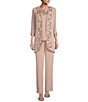 Color:Almond - Image 1 - Round Neck 3/4 Sleeve Embroidered Trim Duster 3-Piece Pant Set