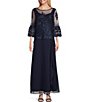 Color:Navy - Image 1 - Embroidered Lace Pebble Georgette 3/4 Sleeve Illusion Crew Neck Gown