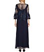 Color:Navy - Image 2 - Embroidered Lace Pebble Georgette 3/4 Sleeve Illusion Crew Neck Gown