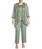 Color:Sage - Image 1 - Plus Size Round Neck 3/4 Sleeve 3-Piece Embroidered Trim Duster Pant Set