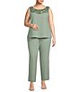 Color:Sage - Image 3 - Plus Size Round Neck 3/4 Sleeve 3-Piece Embroidered Trim Duster Pant Set