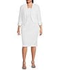 Color:White - Image 1 - Plus Size Crinkle Knit 3/4 Sleeve Embroidered Crew Neck 2-Piece Jacket Dress
