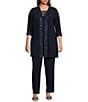 Color:Navy - Image 1 - Plus Size Round Neck 3/4 Sleeve Embroidered Trim Duster 3-Piece Pant Set
