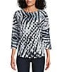 Color:Black/White Abstract Dot Print - Image 1 - Abstract Dot Print Textured Knit Crew Neck 3/4 Dolman Sleeve Hi-Low Top