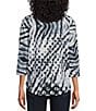 Color:Black/White Abstract Dot Print - Image 2 - Abstract Dot Print Textured Knit Crew Neck 3/4 Dolman Sleeve Hi-Low Top