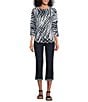 Color:Black/White Abstract Dot Print - Image 3 - Abstract Dot Print Textured Knit Crew Neck 3/4 Dolman Sleeve Hi-Low Top