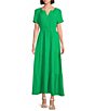 Color:Forest Green - Image 1 - Short Sleeve Split V-Neck Tiered Skirt Smocked Waist Maxi Dress