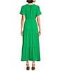 Color:Forest Green - Image 2 - Short Sleeve Split V-Neck Tiered Skirt Smocked Waist Maxi Dress