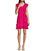 Color:Hot Pink - Image 1 - Short Sleeve V-Neck Tie Waist Ruffle Skirt Sheath Dress