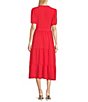 Color:Coral - Image 2 - Short Sleeve V-Neck Tiered Skirt Tie Waist Midi Sheath Dress