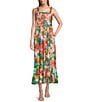 Color:Fuchsia/Orange - Image 1 - Sleeveless Tie Strap Square Neck Floral Print Flounce Midi A-Line Dress