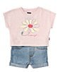 Color:Pink - Image 1 - Levi's® Baby Girls 12-24 Months Dolman-Sleeve Floral Graphic Jersey T-Shirt & Denim-Look Stretch Sateen Shorts Set