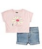 Color:Pink - Image 2 - Levi's® Baby Girls 12-24 Months Dolman-Sleeve Floral Graphic Jersey T-Shirt & Denim-Look Stretch Sateen Shorts Set