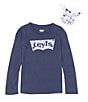 Color:Navy - Image 1 - Levi's® Little Girls 2T-6X Long Sleeve Printed-Batwing Logo T-Shirt
