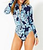 Color:Blue Multi - Image 1 - Randee Navy Bouquet Floral Print Rashguard Zip Front One Piece Swimsuit