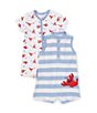 Color:Blue - Image 1 - Baby Boys 3-12 Months Short-Sleeve Lobster Print Shortall & Sleeveless Striped Lobster-Motif Shortall Two-Pack