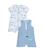 Color:Blue - Image 1 - Baby Boys 3-12 Months Short Sleeve Sea Life Printed Shortalls & Sleeveless Striped Sea Life Motif Shortalls Two-Pack