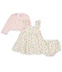 Color:Green - Image 2 - Baby Girls 12-24 Months Long Sleeve Butterfly Motif Cardigan & Flutter-Sleeve Garden-Floral Fit-And-Flare Dress Set