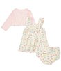 Color:Green - Image 3 - Baby Girls 12-24 Months Long Sleeve Butterfly Motif Cardigan & Flutter-Sleeve Garden-Floral Fit-And-Flare Dress Set