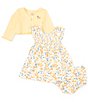 Color:Yellow - Image 2 - Baby Girls 12-24 Months Long-Sleeve Flower-Motif Cardigan & Short-Sleeve Garden-Floral Smocked Fit & Flare Dress