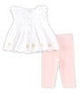 Color:Pink/White Assorted - Image 2 - Baby Girls 3-12 Months Flutter Sleeve Eyelet-Embroidered Linen Blend Tunic & Solid Leggings Set
