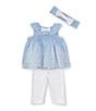 Color:White/Blue - Image 1 - Baby Girls 3-12 Months Sleeveless Embroidered Eyelet Chambray Top & Solid Leggings Set