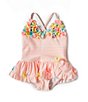 Color:Pink - Image 1 - Baby Girls 3-24 Months Three-Dimensional-Floral/Striped One-Piece Skirted Swimsuit