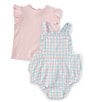 Color:White/Pink - Image 2 - Baby Girls 3-9 Months Sleeveless Checked Romper & Solid Flutter-Sleeve T-Shirt