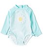 Color:Blue - Image 1 - Baby Girls 6-24 Months Raglan-Sleeve Gingham-Printed Daisy-Motif Rashguard One-Piece Swimsuit