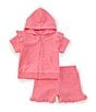 Color:Pink - Image 1 - Baby Girls 6-24 Months Short-Sleeve Solid Hooded Swimsuit Coverup & Matching Shorts Set