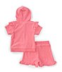 Color:Pink - Image 2 - Baby Girls 6-24 Months Short-Sleeve Solid Hooded Swimsuit Coverup & Matching Shorts Set