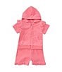 Color:Pink - Image 3 - Baby Girls 6-24 Months Short-Sleeve Solid Hooded Swimsuit Coverup & Matching Shorts Set