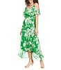Color:Green/Ivory - Image 1 - Floral Print Ruffle Cold Shoulder Chiffon Maxi Dress