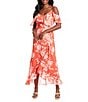 Color:Orange/Cream - Image 1 - Floral Print Ruffle Cold Shoulder Chiffon Maxi Dress