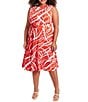 Color:Red/Ivory - Image 1 - Plus Size Sleeveless Crew Neck Belted Printed Dress