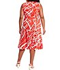 Color:Red/Ivory - Image 2 - Plus Size Sleeveless Crew Neck Belted Printed Dress