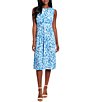 Color:Ivory/Blue - Image 1 - Sleeveless Crew Neck Printed Matte Jersey Sheath Dress