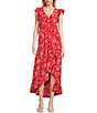 Color:Red Botanical Floral - Image 1 - V-Neck Flutter Sleeve Smocked Waist Ruffle Maxi Dress