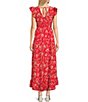 Color:Red Botanical Floral - Image 2 - V-Neck Flutter Sleeve Smocked Waist Ruffle Maxi Dress