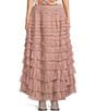 Color:Blush Pink - Image 1 - Elastic Waistband Ruffled Tiered Mesh A-Line Maxi Skirt