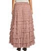 Color:Blush Pink - Image 2 - Elastic Waistband Ruffled Tiered Mesh A-Line Maxi Skirt