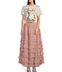 Color:Blush Pink - Image 3 - Elastic Waistband Ruffled Tiered Mesh A-Line Maxi Skirt