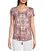Color:Pink Combo - Image 1 - Tapestry Print Scoop Neck Short Sleeve Relax Knit Tee Shirt