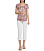 Color:Pink Combo - Image 3 - Tapestry Print Scoop Neck Short Sleeve Relax Knit Tee Shirt