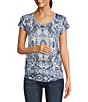 Color:Blue Multi - Image 1 - Tapestry Print Scoop Neck Short Sleeve Relax Knit Tee Shirt