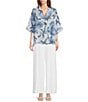 Color:White Combo - Image 3 - Johnny Collar Neck 3/4 Sleeve Floral Linen Blouse