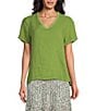 Color:Green - Image 1 - Ruffle V-Neck Short Sleeve Linen Top