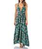 Color:Green - Image 1 - Moon Bay Palm Tree Print Embroidered Plunge V-Neck Braided Strap Tassel Detail Open Back Maxi Cover-Up Dress