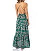 Color:Green - Image 2 - Moon Bay Palm Tree Print Embroidered Plunge V-Neck Braided Strap Tassel Detail Open Back Maxi Cover-Up Dress