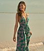 Color:Green - Image 4 - Moon Bay Palm Tree Print Embroidered Plunge V-Neck Braided Strap Tassel Detail Open Back Maxi Cover-Up Dress